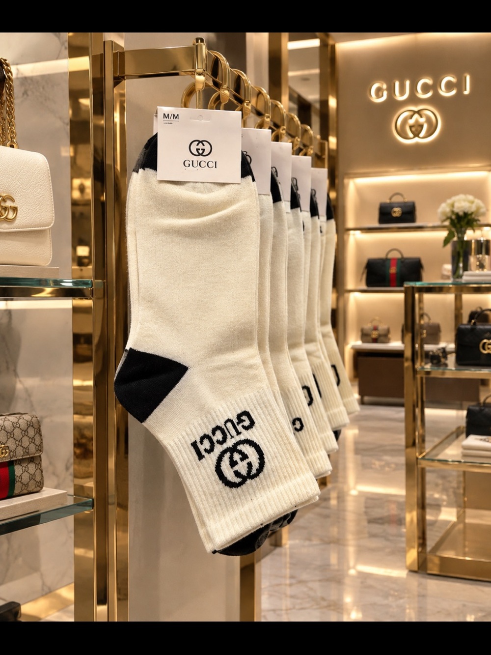 Gucci Cream Crew Socks with Black Heel & Logo
